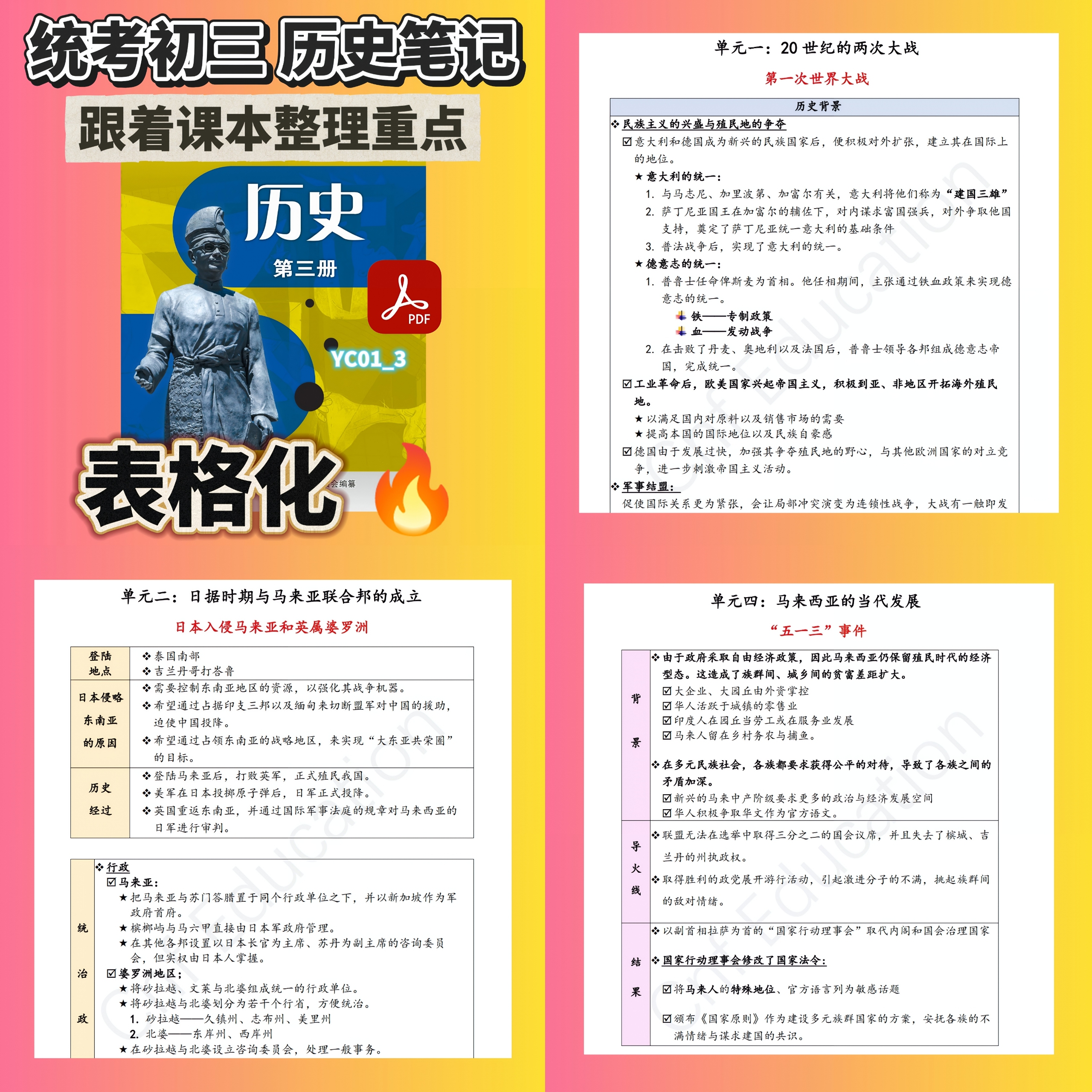 YC01 统考初中 历史笔记 (表格化-跟着课本整理)