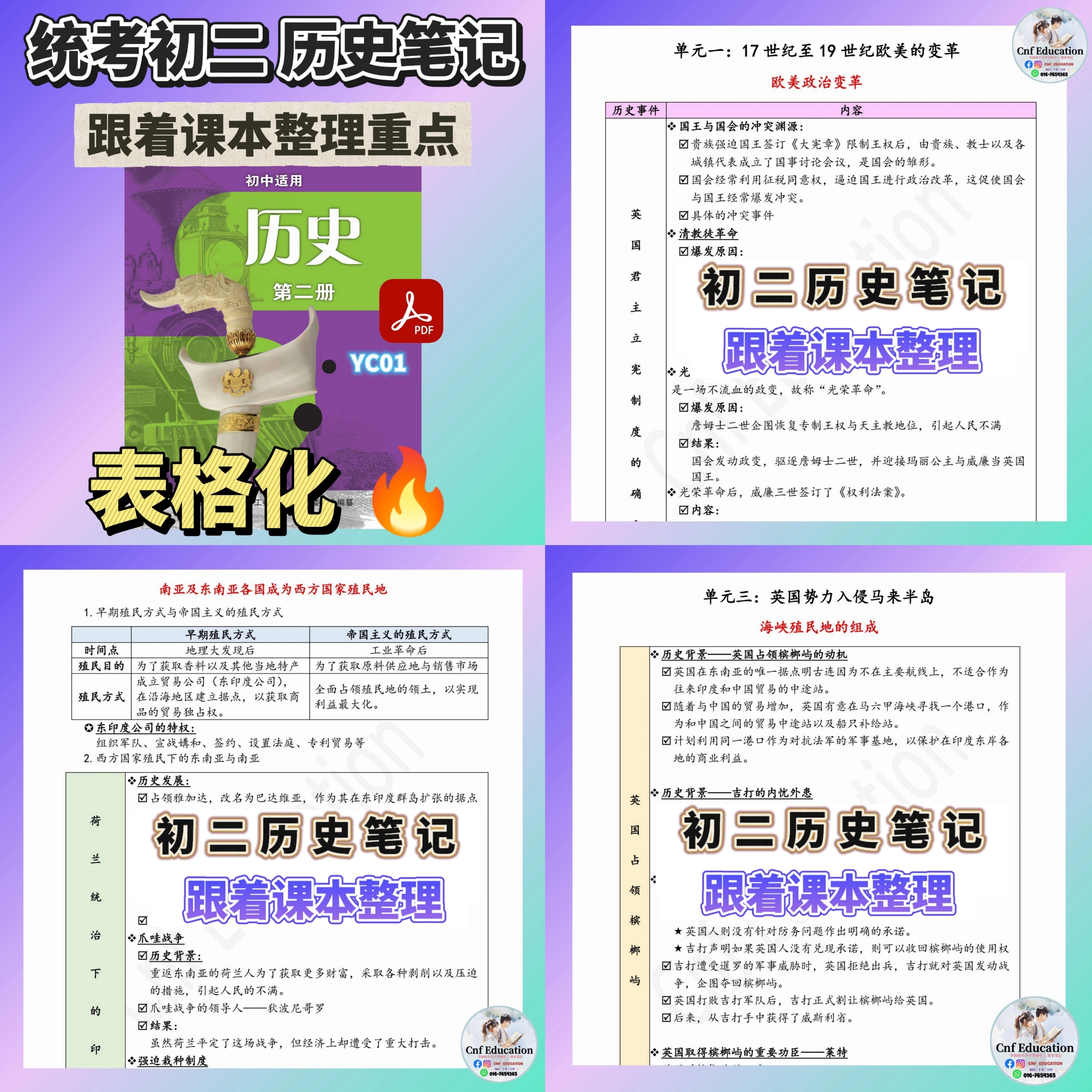 YC01 统考初中 历史笔记 (表格化-跟着课本整理)